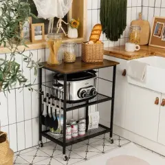 Costway 3-Tier Kitchen Serving Cart Utility Standing Microwave Rack w/ Hooks