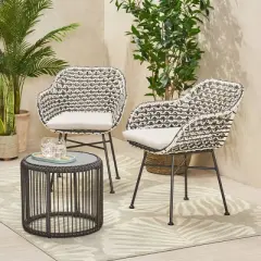 Neblett 3pc Patio Wicker Chat Set - White/Beige/Black - Christopher Knight Home