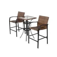 3 Piece Rattan Outdoor Patio Bar Stools Set,Glass Coffee Table with 2 Bar Chairs Set,Wicker Patio Garden Bistro Set for Balcony Deck-Coolbibila