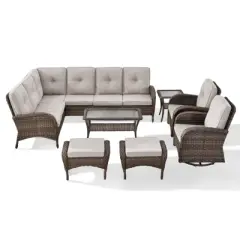 Belord 8 Piece Patio Sectional Furniture Set with Swivel Chair, Brown Wicker L-Shape Sectional Sofa Set with Swivel Gliding Chair and Coffee Table