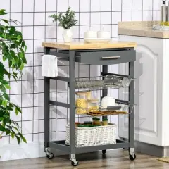 HOMCOM 3-Tier Utility Kitchen Cart with Handle Bar, Steel Basket Rolling Cart, Food Storage Service Trolley with Drawer, Rubber Wood Top