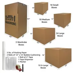 UBMOVE 7 Room Wardrobe Kit with 70 Corrugated Moving Boxes and Packing Supplies