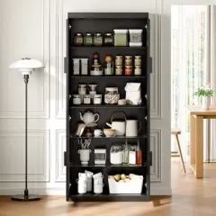 Wooakway 72"H Kitchen Pantry Cabinet with Glass Door and Rattan Door, Storage Shelves, Black
