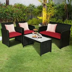 Tangkula 4 Piece Outdoor Patio Rattan Furniture Set Red Cushioned Seat For Garden, porch, Lawn