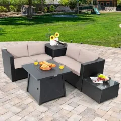Tangkula 5PCS Outdoor Patio Furniture Set with 50,000 BTU Propane Fire Pit Table Patio Conversation Set w/ Cushions, Storage Box, Coffee Table Beige