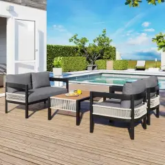 FIONECA U_STYLE Multi-Person Outdoor Iron Sofa Set with Table, Rattan Accents, Waterproof & Rust-Resistant Patio Furniture for Garden & Lawn