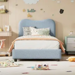 Kids Bed Frame with Cloud Boucle Upholstered Headboard, Low Profile Platform, Sturdy Wooden Slats, Noise Free, No Box Spring Needed