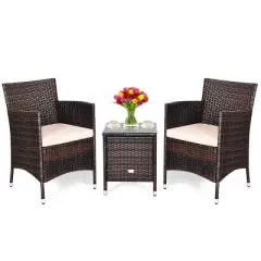 Costway Outdoor 3 PCS PE Rattan Wicker Furniture Sets Chairs  Coffee Table Garden
