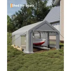10x20 Ft Carport, Car Port with 200g PE Tarp, Roll-Up Doors, and 4 Windows