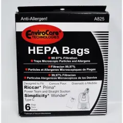 Riccar Prima and Simplicity Wonder Type C Canisters with Green Collar System HEPA Filtration Vacuum Cleaner bags 6 bags