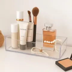 Nonslip Cosmetic Organizer with Bamboo Lid, Durable Clear Acrylic  Storage Box for Makeup, Skincare & Jewelry, Stylish Organizer for Bathroom & Vanity