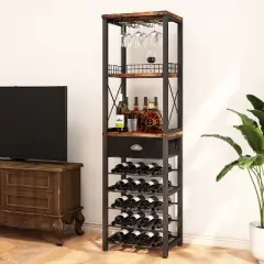 Itopfox 4-Tier Freestanding Wine Rack with Tabletop, Glass Holder, Storage Drawer for Liquor & Glasses, Industrial Style Bar Cabinet for Living Room