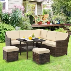 Tangkula 6PCS Patio Rattan Furniture Set All-Weather Sectional Cushioned Sofa Ottoman Dining Table Lower Shelf