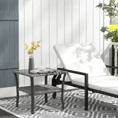 Outsunny 2-Tier Design Patio Wicker Coffee Table, Aluminum, Glass Top Side Table