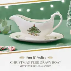 Portmeirion Christmas Tree 9 Oz Gravy Boat & Stand - Festive Porcelain Sauce Boat with Tray for Holiday Gatherings - Microwave, Dishwasher, Oven Safe