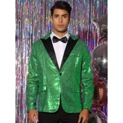 Lars Amadeus Men's Peak Lapel Color Block Shiny Sparkle Sequin Blazer