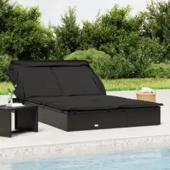 vidaXL - 2-Person Black Poly Rattan Sunbed with Foldable Roof and Cushions - Outdoor Daybed 83.9"x 46.5"x 38.2" for Patio, Garden, Balcony