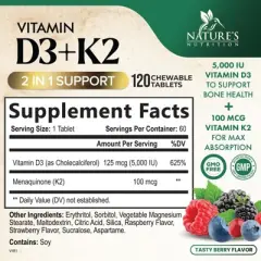 Vitamin D3 5000 IU with K2 100 mcg | K2 MK-7 with D3 Vitamin Supplement, Immune, Heart, Joint, Teeth & Bone Health, 120 Tablets By Nature's Nutrition