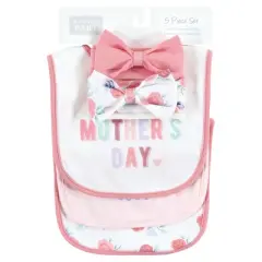 Hudson Baby Infant Girl Cotton Bib and Headband or Caps Set, Mothers Day, 0-9 Months