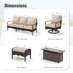 Captiva Designs 6pc Extra Large Metal and Rattan Outdoor Patio Fire Pit Set with Swivel Armchairs and Ottomans