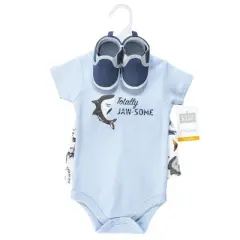 Hudson Baby Infant Boy Cotton Bodysuit, Shorts and Shoe Set, Jawsome Shark