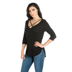 24seven Comfort Apparel Womens Criss Cross Round Hemline Tunic Top