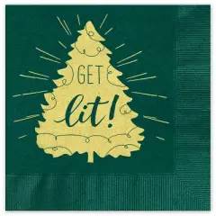 25ct "Get Lit" Lunch Napkin: Canopy Street Christmas Disposable Napkins, Vibrant Gold & Forest Green, Holiday Typography