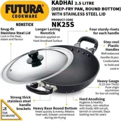 Hawkins Futura 2.5L Kadhai Fry Pan with Steel Lid: Anodized Aluminum, Gas Compatible, Hand Wash, 2-Piece Set