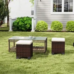 Outsunny 2 Pieces Wicker Outdoor Ottomans with Cushions, 3-in-1 PE Rattan Ottoman Seat, Footrest and Side Table for Backyard, Poolside