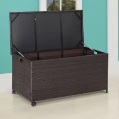 WELLFOR 50gal Outdoor Wicker Storage Box Container with Zippered Liner and 2 Wheels Mix Brown