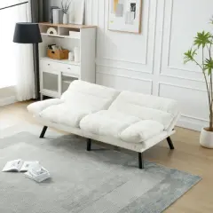 70" Convertible 2-Seater Sleeper Sofa Bed,Modern White Teddy Fabric Couch with Metal Legs for Small Space Living Room Apartment-Baofuwish