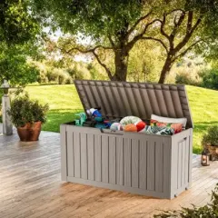 DSVIMOY Deck Boxes, 2-Piece 75 Gal Outdoor Storage Deck Box, Small Patio Storage Bin for Garden Tools, Brown, 46.06"*21.06"*21.65"