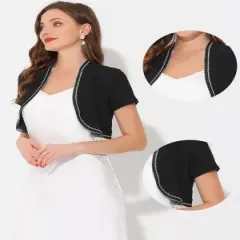 Allegra K Women's Contrast Trim Open Front Cropped Short Sleeve Bolero Shrug