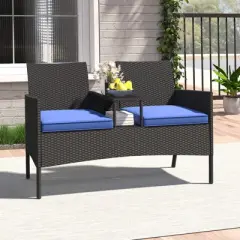Tangkula Outdoor Rattan Loveseat 2-Seat Patio Conversation Set with Built-in Coffee Table Cushions Wicker Bench Furniture Blue