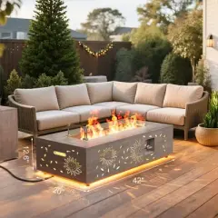Evita 50,000 BTU Outdoor Fire Pit Table with LED Light, Propane Tank, Windshield, Glass Stone and Rain Cover-42*20*12 Inch