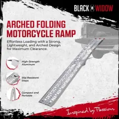 Black Widow Aluminum Folding Motorcycle Ramp, Portable Arched Plate Design with High Traction Surface and 750 Pound Capacity, Single Runner, Silver