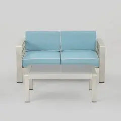 Cape Coral 2pc Aluminum Patio Loveseat & Coffee Table Set - Light Teal - Christopher Knight Home