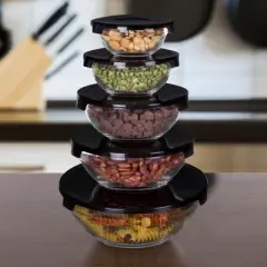 Glass Food Storage Containers with Snap Lids- 10 Piece Set with Multiple Bowl Sizes for Storage, Meal Prep, Mixing and Serving by Chef Buddy (Black)