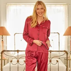 Women's Classic Satin Pajamas Lounge Set, Long Sleeve Top and Pants with Pockets, Silk like PJs with Matching Sleep Mask