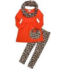 Girls Purrfect Pumpkin Tunic, Leopard Leggings & Scarf Set Mia Belle Girls, Orange, 4T