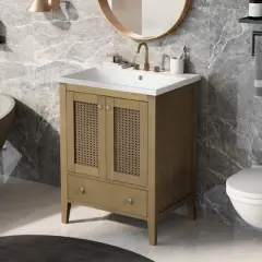 KWPZQEB 24" Bathroom Vanity, Bathroom Sink Cabinet with Doors and Drawer, Farmhouse Rattan Cabinet for Bathroom, Natural