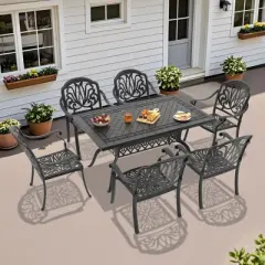7-Piece Durable Cast Aluminum Outdoor Dining Set - Rectangle Table & Stackable Chairs Comfortable Brown Cushions - Perfect Patio & Backyard Furniture