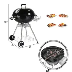 KTMBDW 28 Inch Charcoal Grill for Outdoor Cooking Barbecue Camping BBQ Coal Kettle Grill,Portable Round with Thickened Grilling Bowl with Wheels,Black