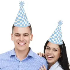 Big Dot of Happiness Blue Checkered Party - Cone Happy Birthday Party Hats for Kids and Adults - Set of 8 (Standard Size)