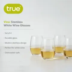 True Vino White Wine Glasses, Stemless Drinking Glasses Wine Gifts, Dishwasher Safe Glass Wine Cups 18oz All Purpose Wine Glasses Set of 4