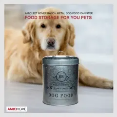 Amici Pet Rover Ranch Metal Canister, Metal Dog Food Canister with Handle Lid & Silicone Sea, Pet Food Storage Container with Airtight Closure