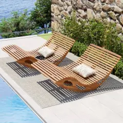 Tangkula 2PCS Outdoor Double Chaise Lounge Chair Acacia Wood Rocking Sunbed with Slatted Backrest and Seat Wooden Loveseat Rocker