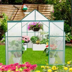 73.75"8X6FT-Green Double Door Polycarbonate Greenhouse Raised Base and Anchor Aluminum Heavy Duty Walk-in Greenhouses