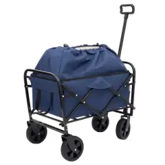 DSVIMOY Multi-use Bag Collapsible Foldable Wagon Cart, Beach Wagon Grocery Cart with Liner Bag and Cover, Dark Blue, 25.98"*17.32"*37.4"