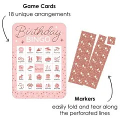 Big Dot of Happiness Pink Rose Gold Birthday - Picture Bingo Cards and Markers - Happy Birthday Party Bingo Game - Set of 18